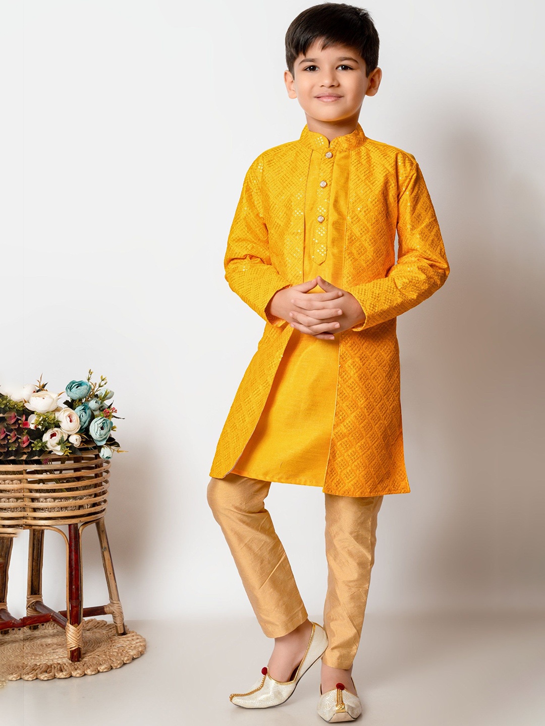 

Cae Boys Embroidered Regular Sequinned Dupion Silk Kurta with Pyjamas, Yellow