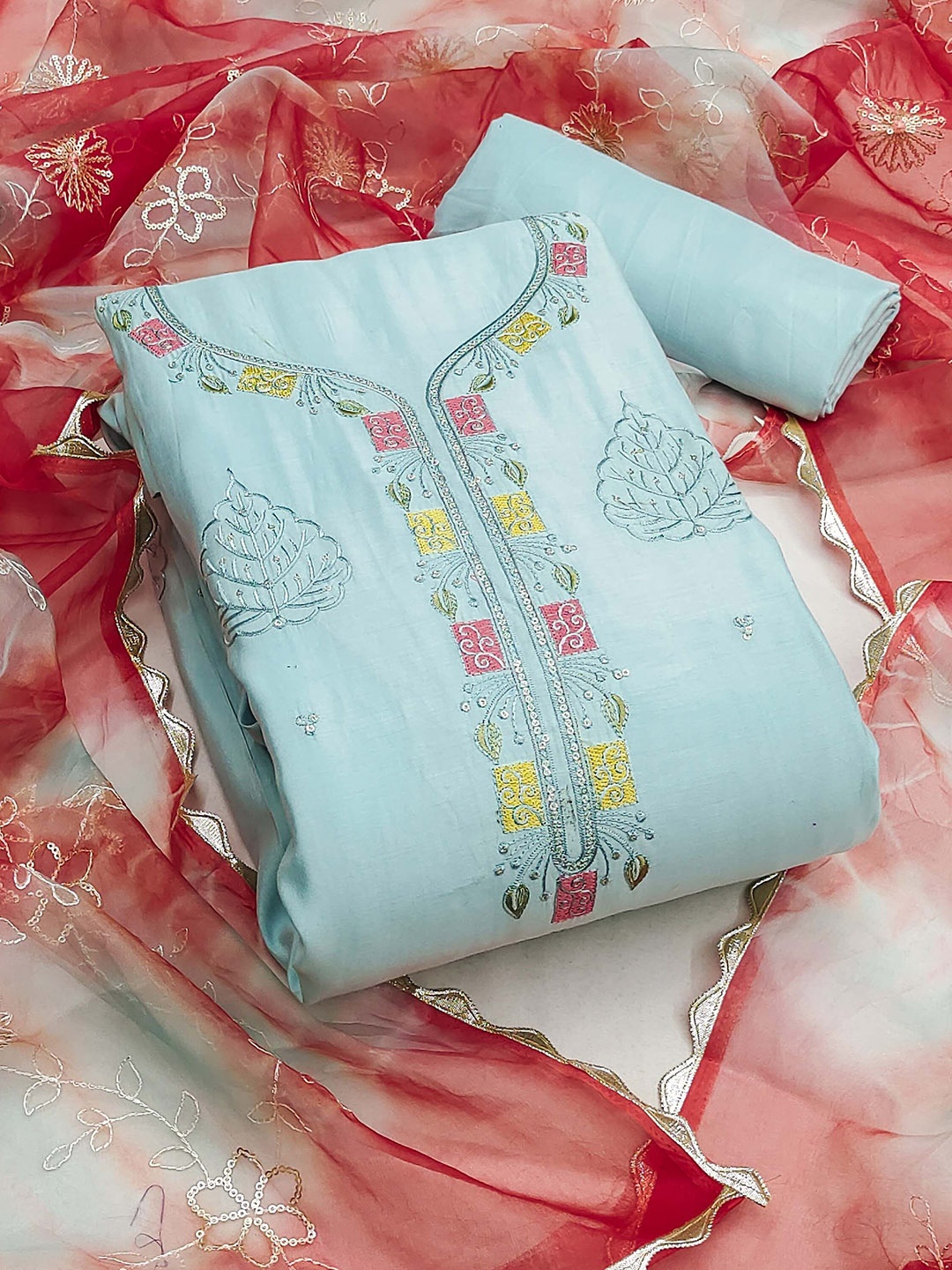 

SAINOOR Floral Embroidered Pure Silk Semi-Stitched Dress Material, Sea green