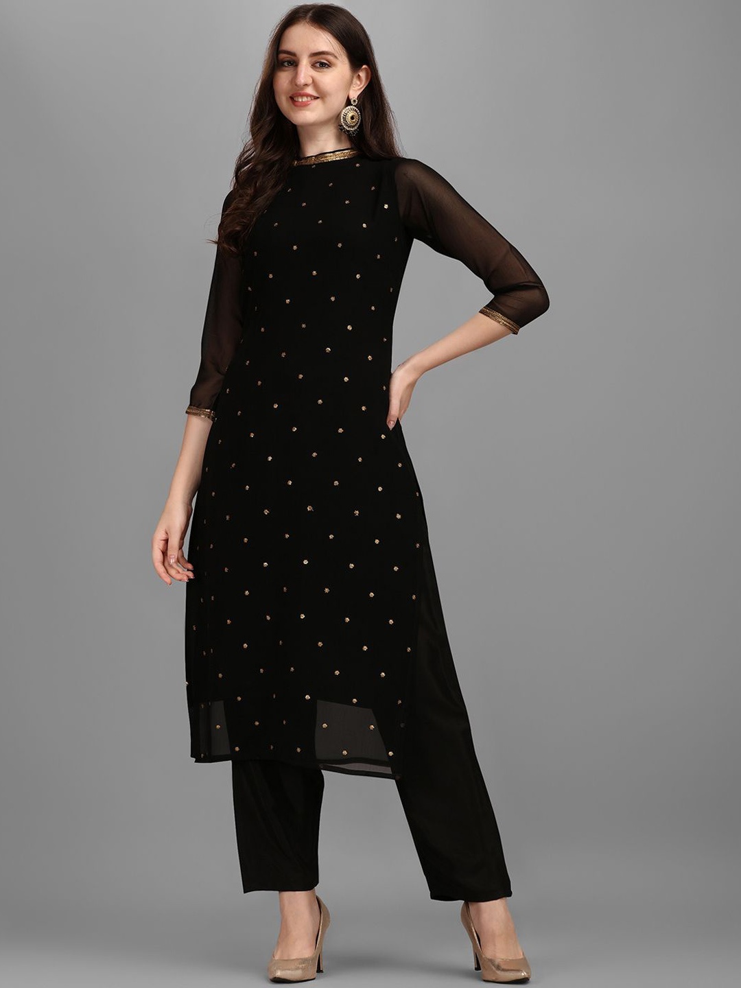 

DIVASTRI Micro & Ditsy Embroidered Sequinned Round Neck Straight Kurta With Trousers, Black