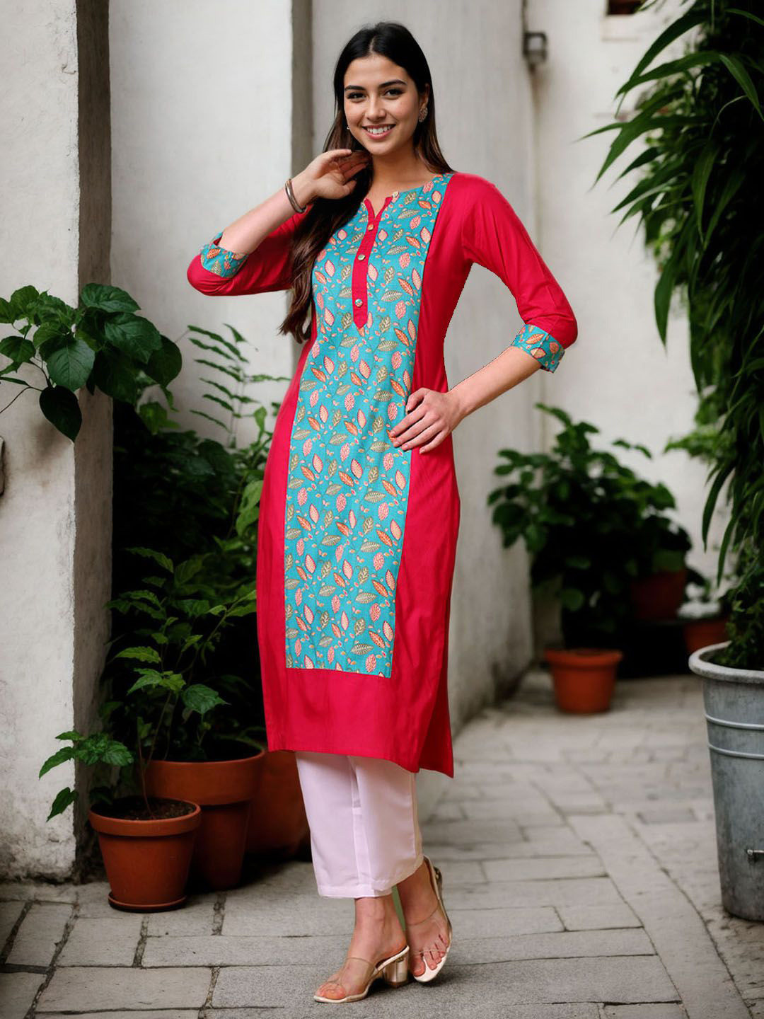 

Anouk Ethnic Motifs Printed Pure Cotton Straight Kurta, Pink