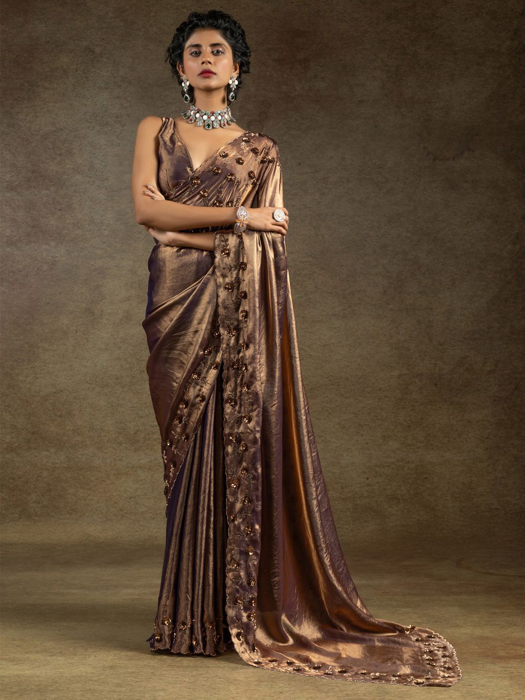 

Saree mall Floral Embellished Beads and Stones Sarees, Gold