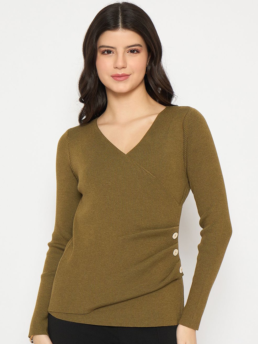 

Madame Women V-Neck Ribbed Pullover, Olive