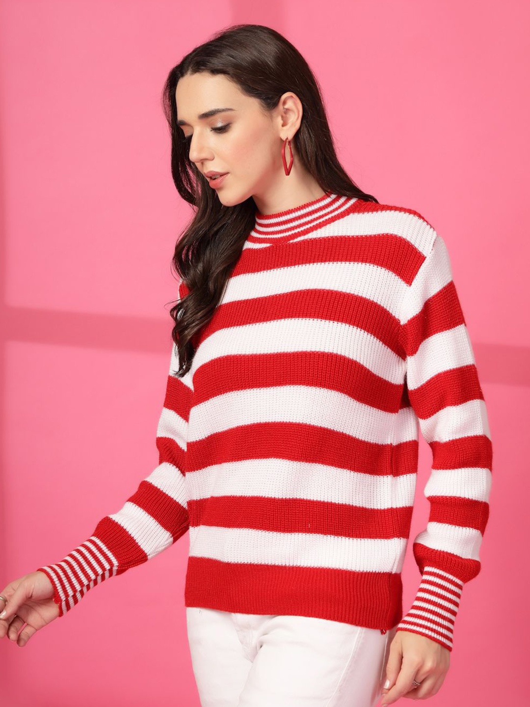 

all about you Striped Round Neck Sweaters, Red