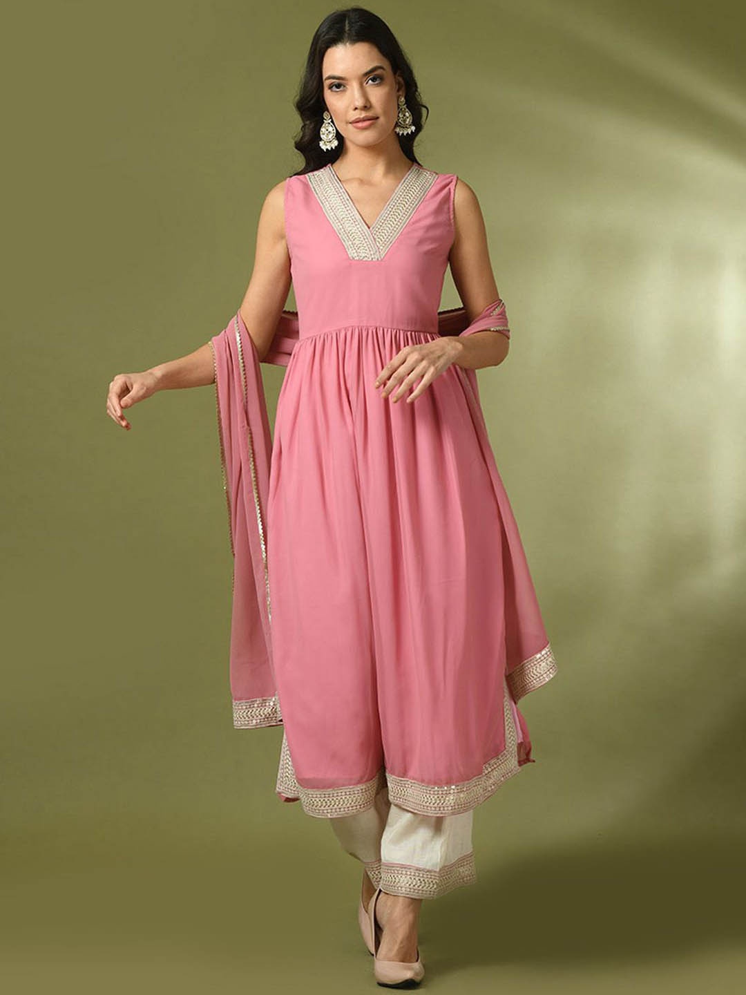 

KALINI V-Neck Sequinned Georgette Empire A-Line Kurta With Palazzos & Dupatta, Pink