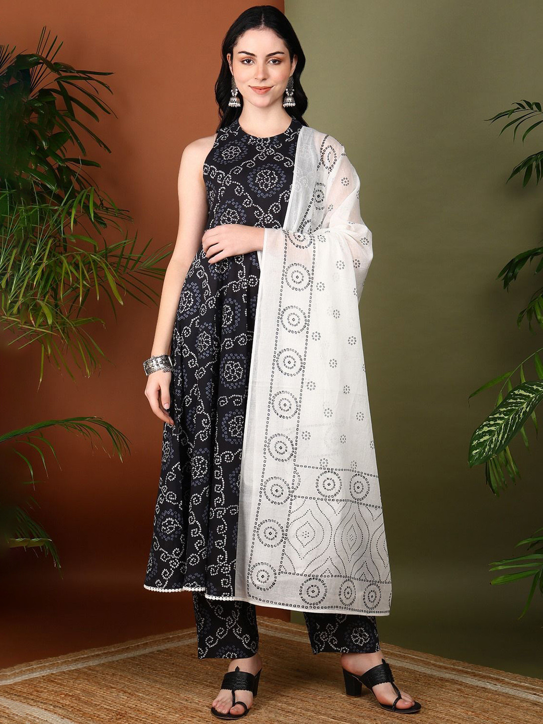 

YASH GALLERY Bandhani Printed Round Neck Pure Cotton Anarkali Kurta With Trouser & Dupatta, Black