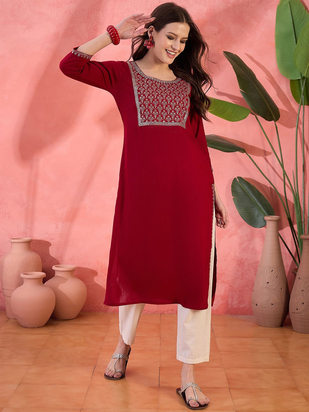 

Sangria Floral Yoke Design Sequinned Straight Kurta, Maroon