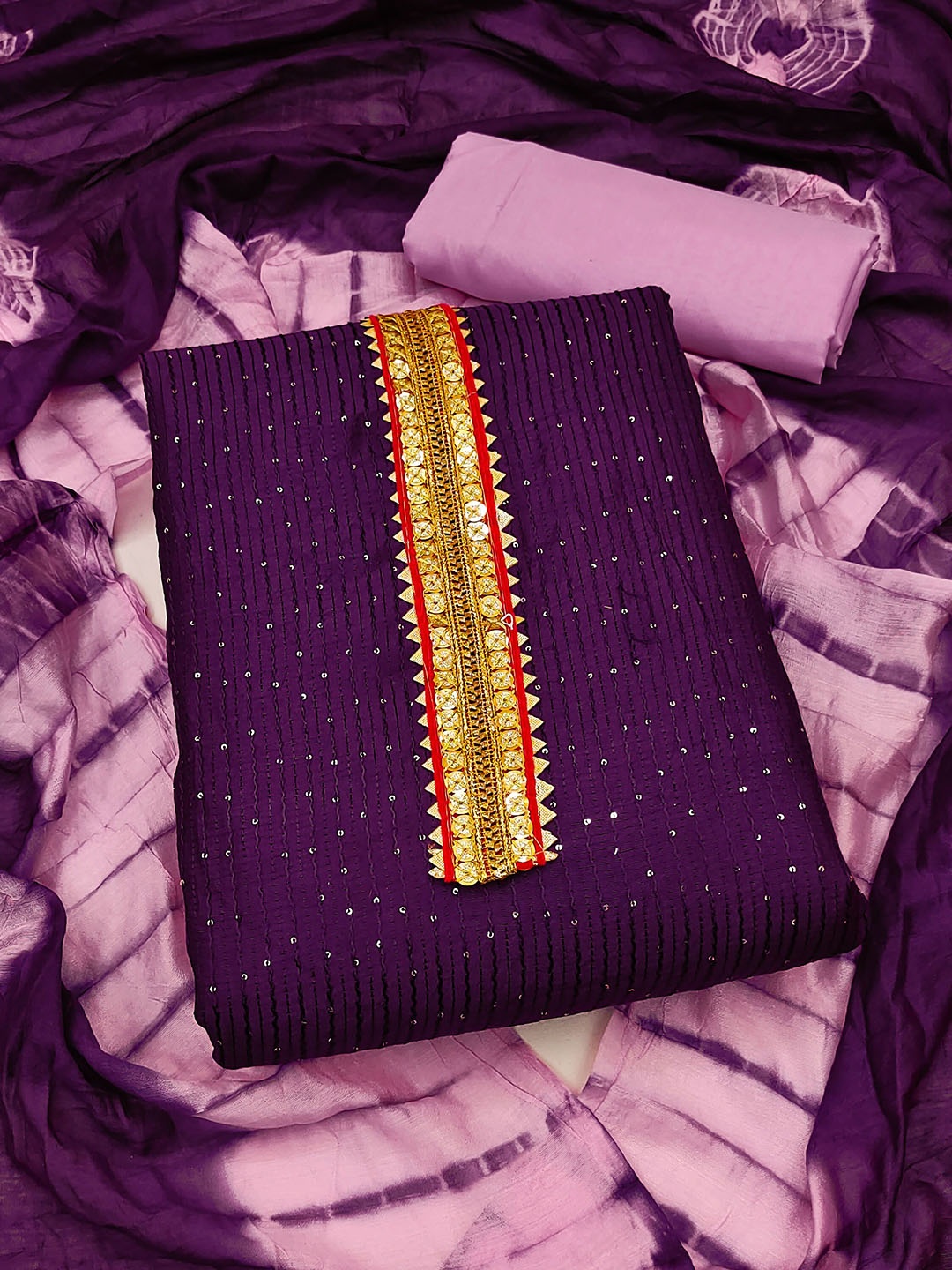 

SAINOOR Striped Embroidered Pure Cotton Unstitched Dress Material, Purple