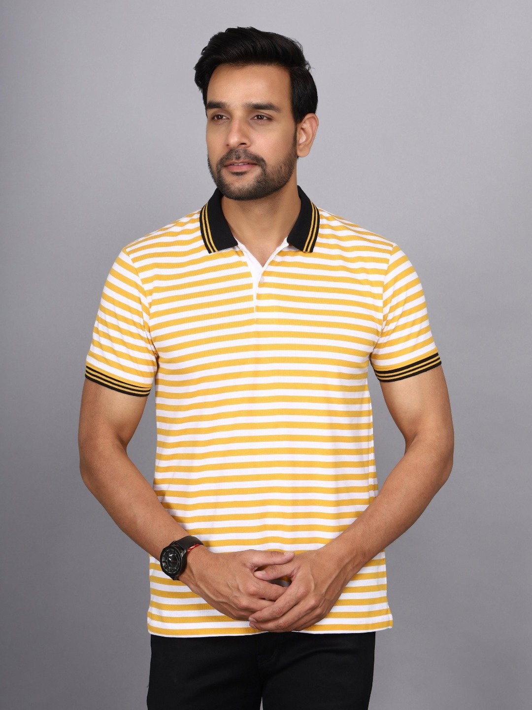 

JAGURO Men Striped Polo Collar Cotton T-shirt, Yellow