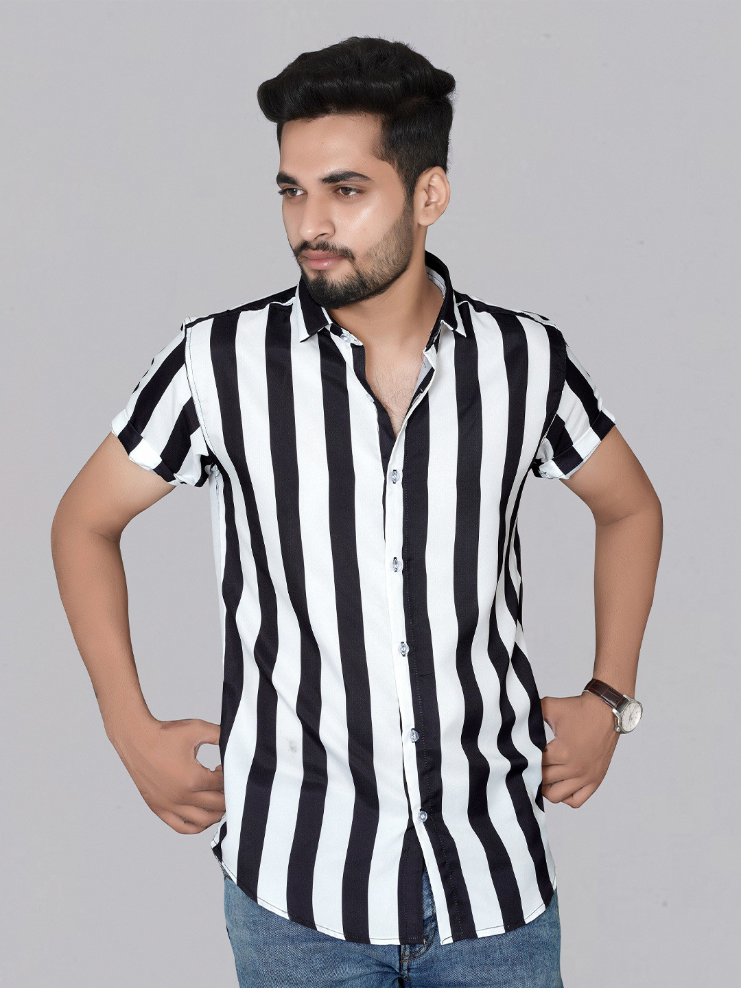 

iCome Men Classic Opaque Striped Casual Shirt, White