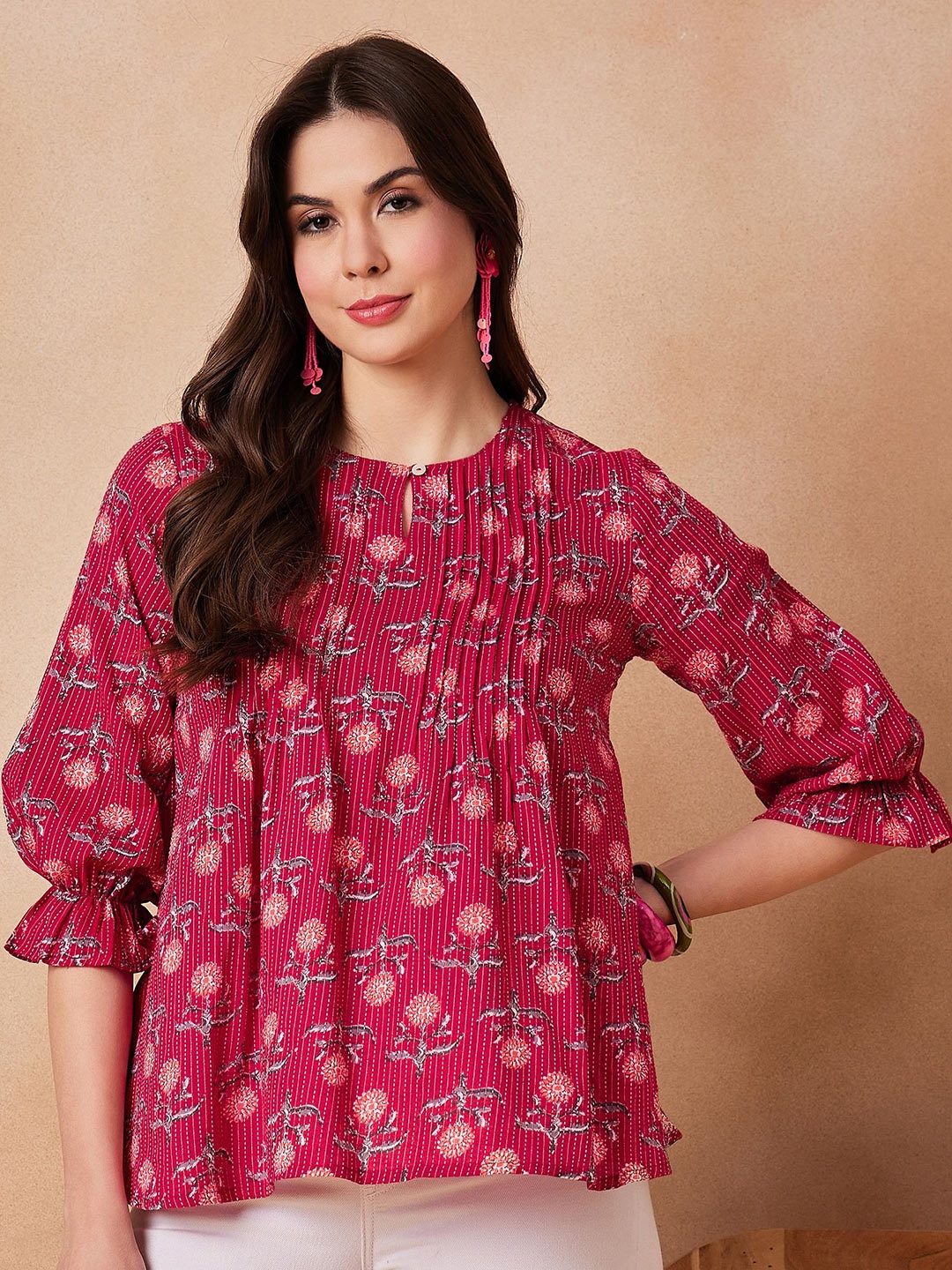 

InWeave Floral Print Bell Sleeve Cotton Top, Red
