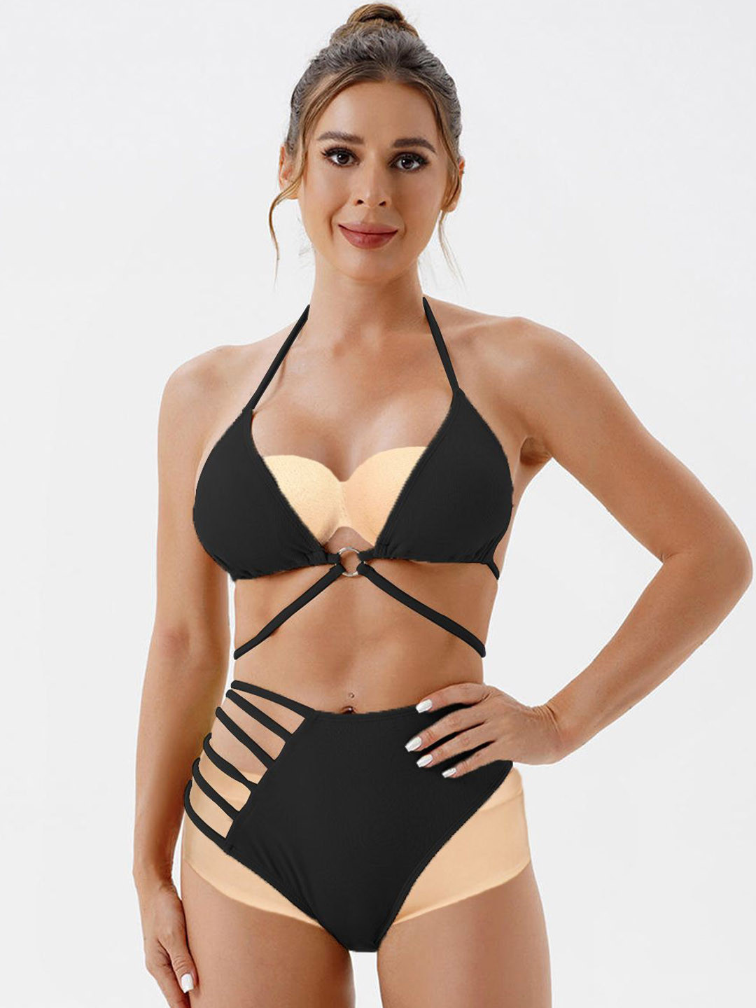 

VAGHBHATT Halter Neck Swim Bikini Set, Black
