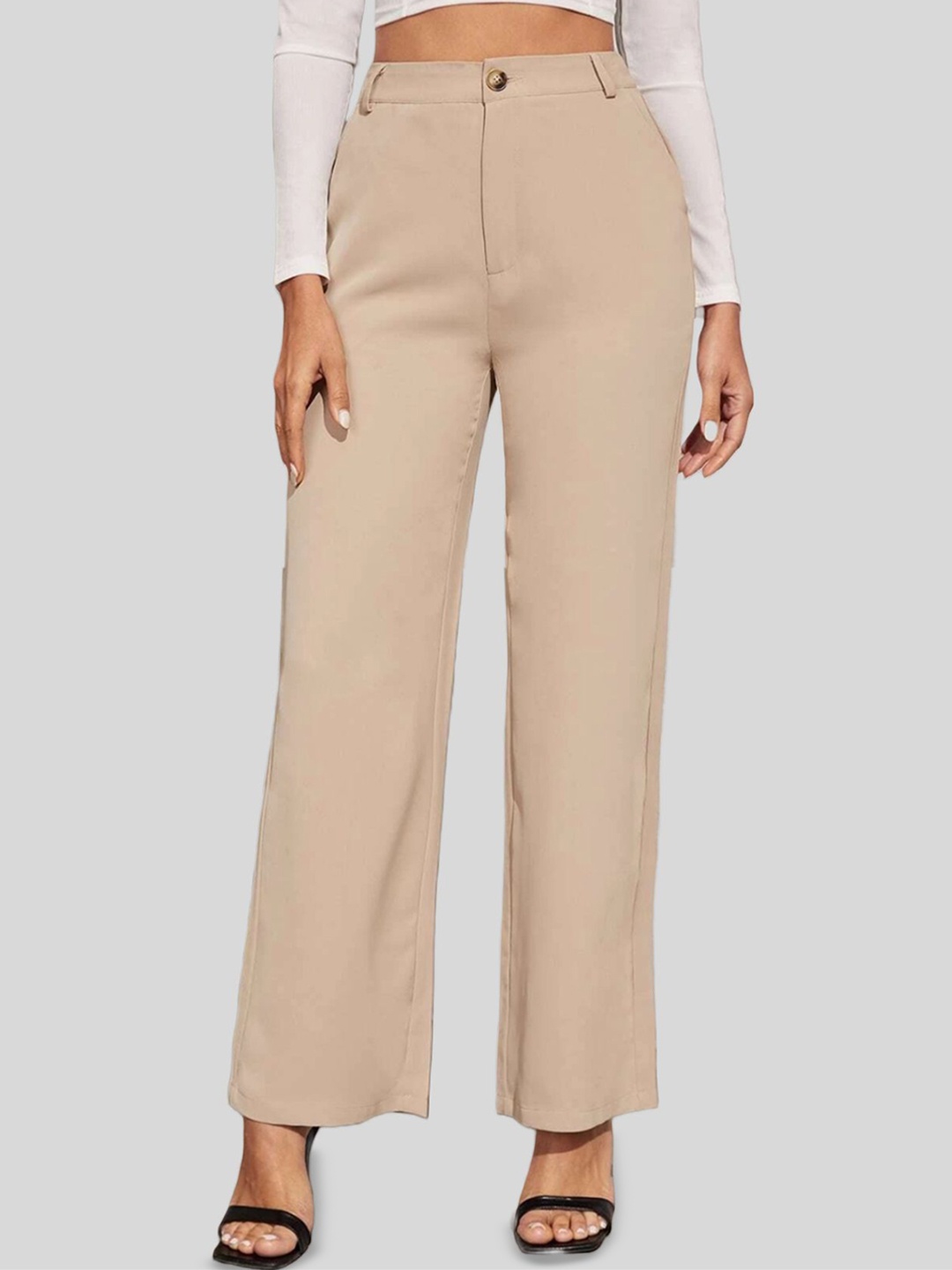 

FNOCKS Women Relaxed Straight Leg High-Rise Trousers, Beige