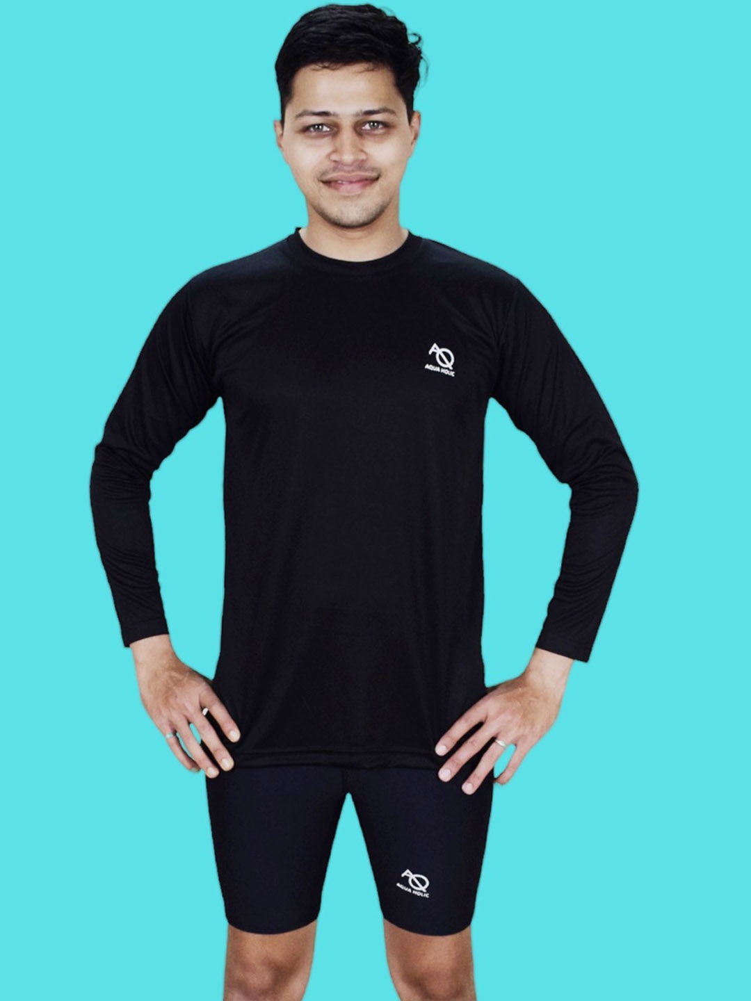 

Aqua Holic Round Neck T-Shirt & Shorts Swimwear, Black