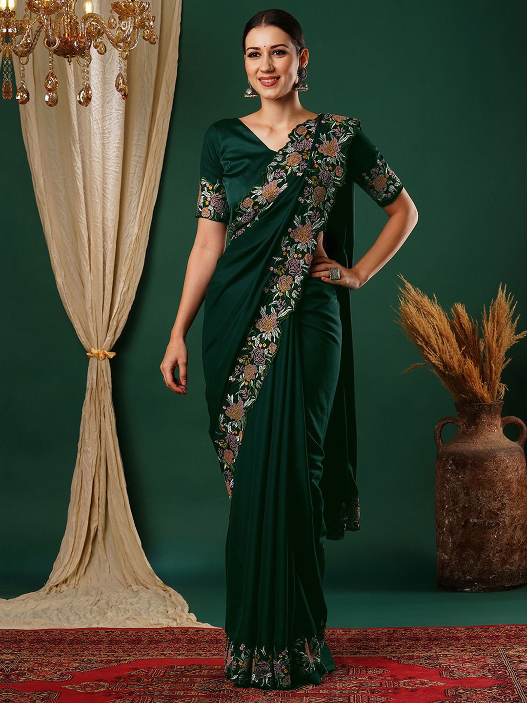 

all about you Embroidered Satin Saree, Green