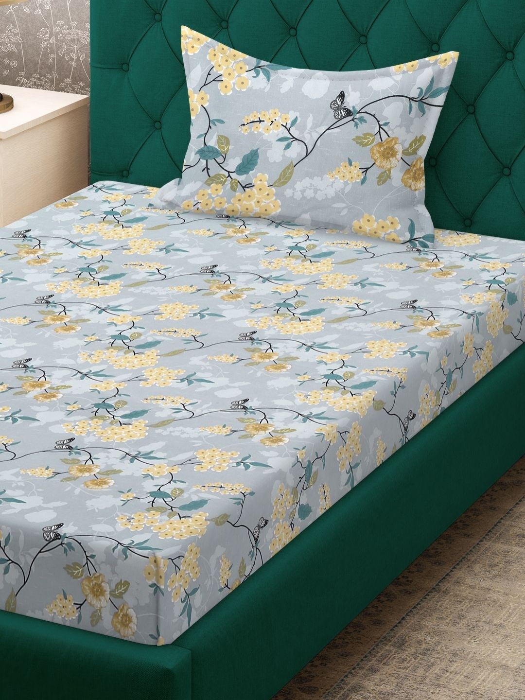 

KLOTTHE Blue & Yellow Floral Printed 300 TC Fitted Single Bedsheet Set 2.25 m x 1.50 m