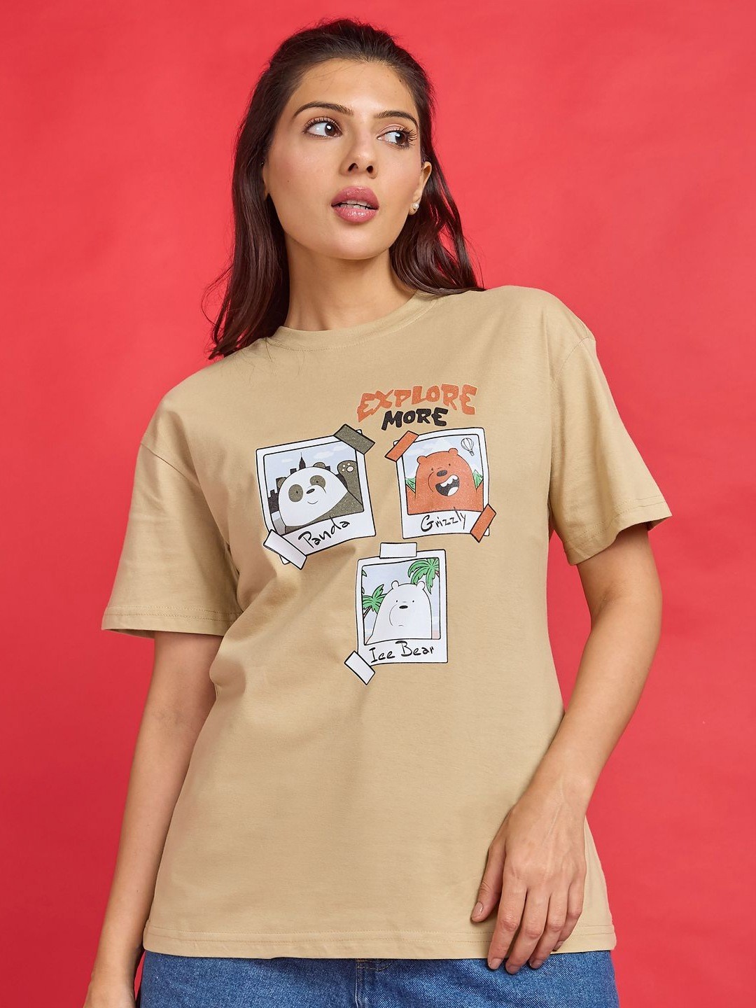 

Mast & Harbour Women Graphic Printed Round Neck Cotton Relaxed Fit T-shirt, Beige
