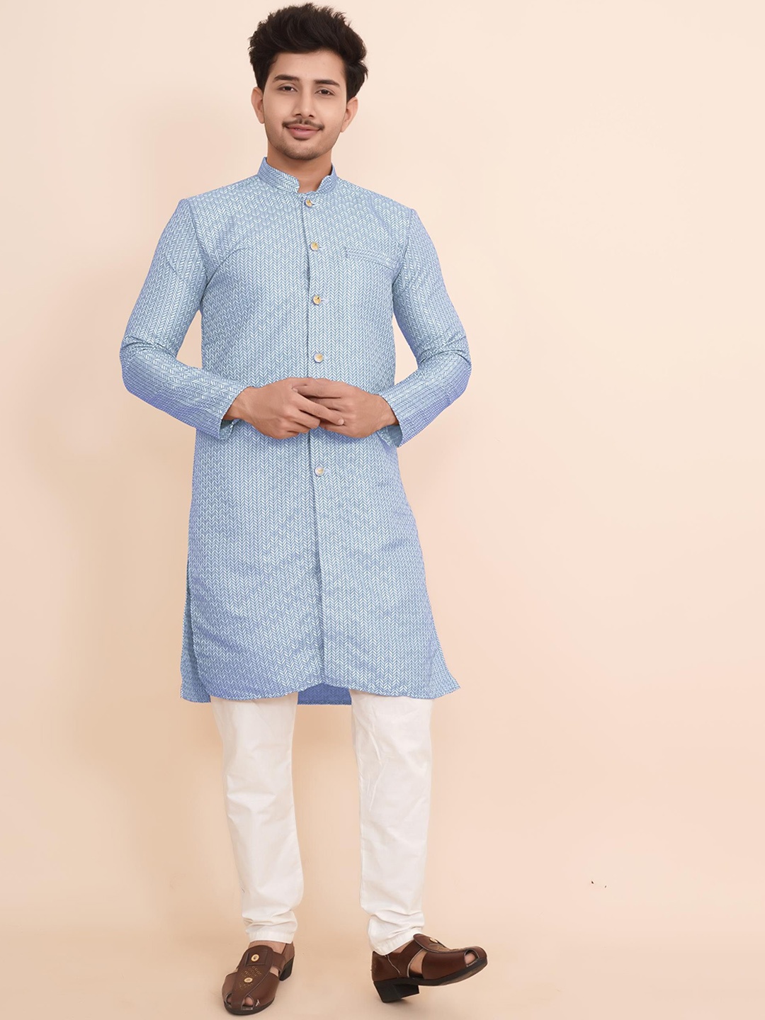 

BLURR Ethnic Geometric Mandarin Collar Straight Kurta, Turquoise blue