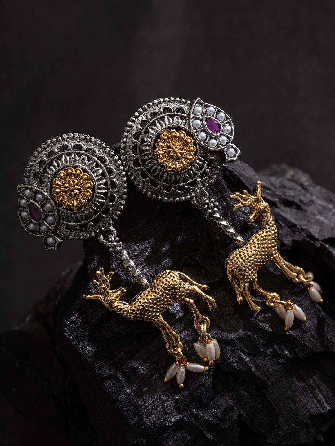 

PANASH Silver-Plated Artificial Beaded Animal Shaped Oxidised Drop Earrings