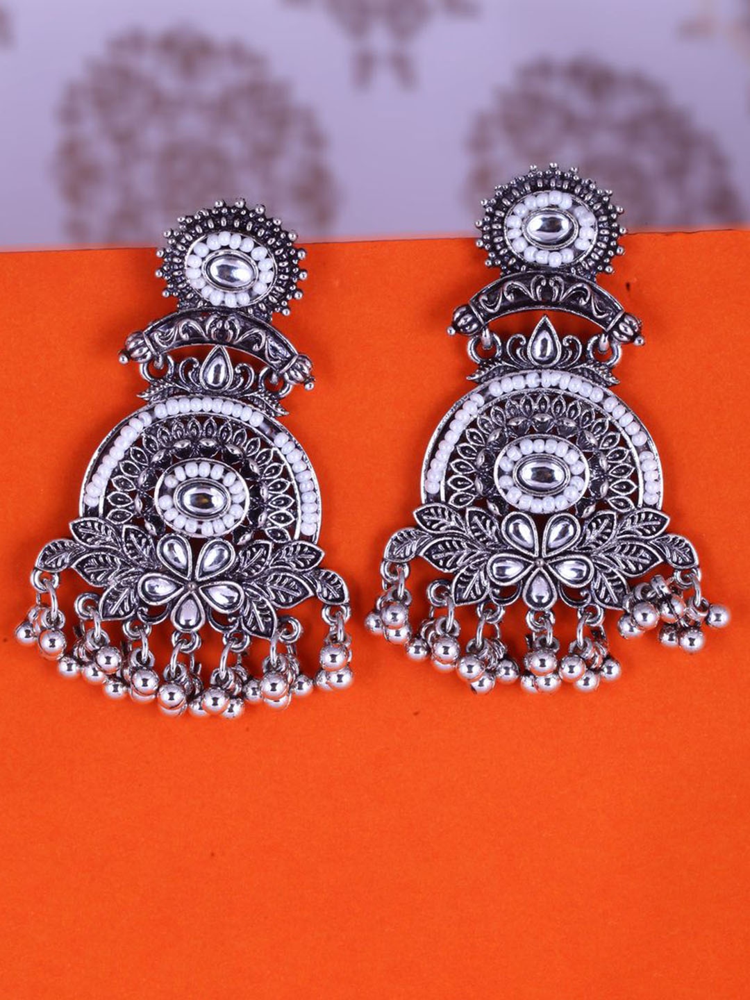 

MEENAZ Silver-Plated Oxidised Stone Studded & Beaded Contemporary Shaped Drop Earrings