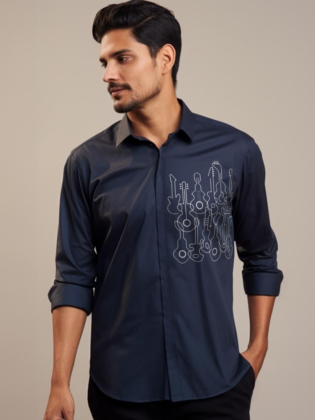 

HE SPOKE Men Smart Tailored Fit Opaque Printed Casual Shirt, Navy blue
