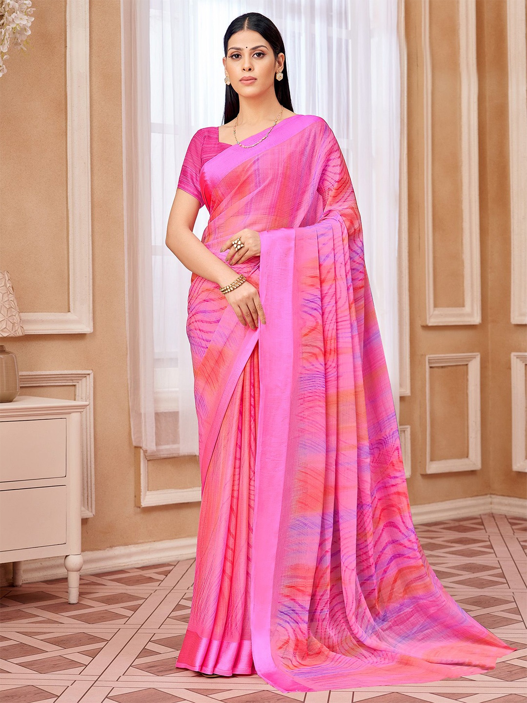 

Mitera Zari Poly Chiffon Bagru Saree, Pink