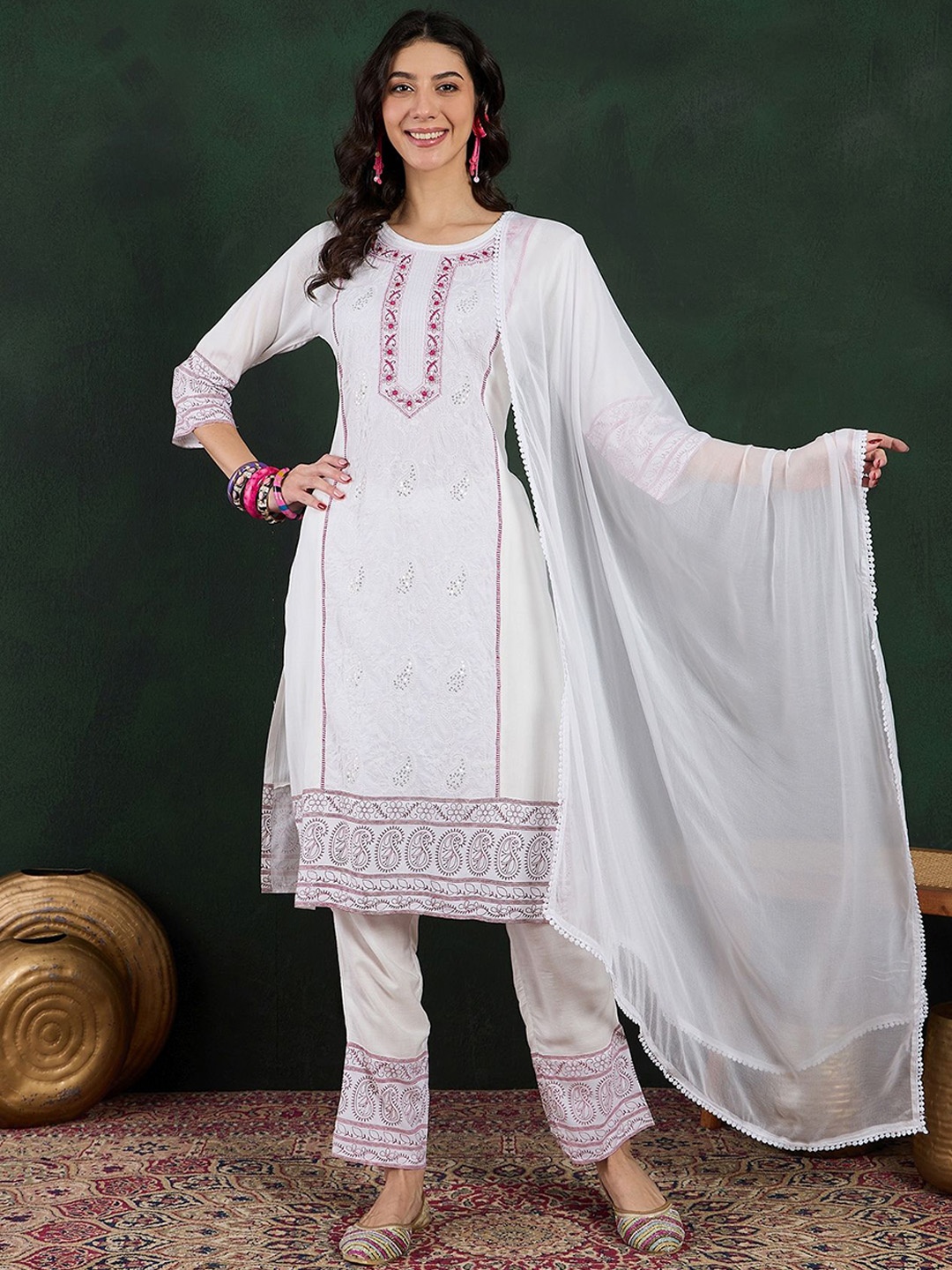 

Sangria Paisley Embroidered Sequinned Round Neck Straight Kurta With Trousers & Dupatta, White