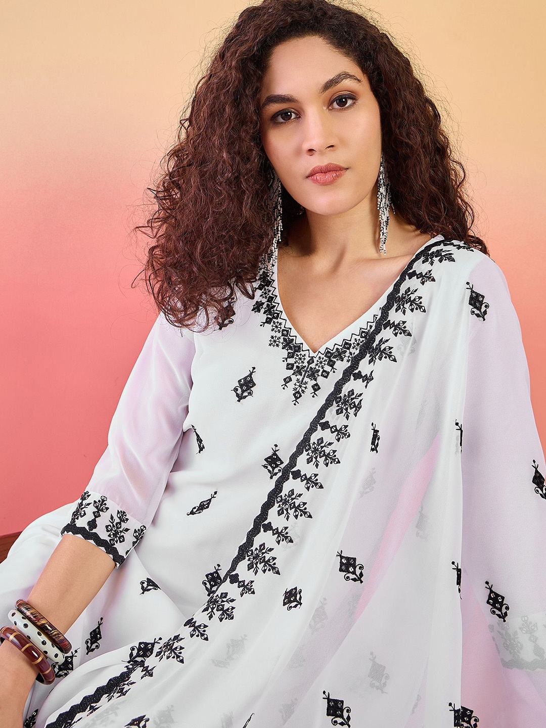 

Sangria Embroidered Kurta With Palazzo With Dupatta, White