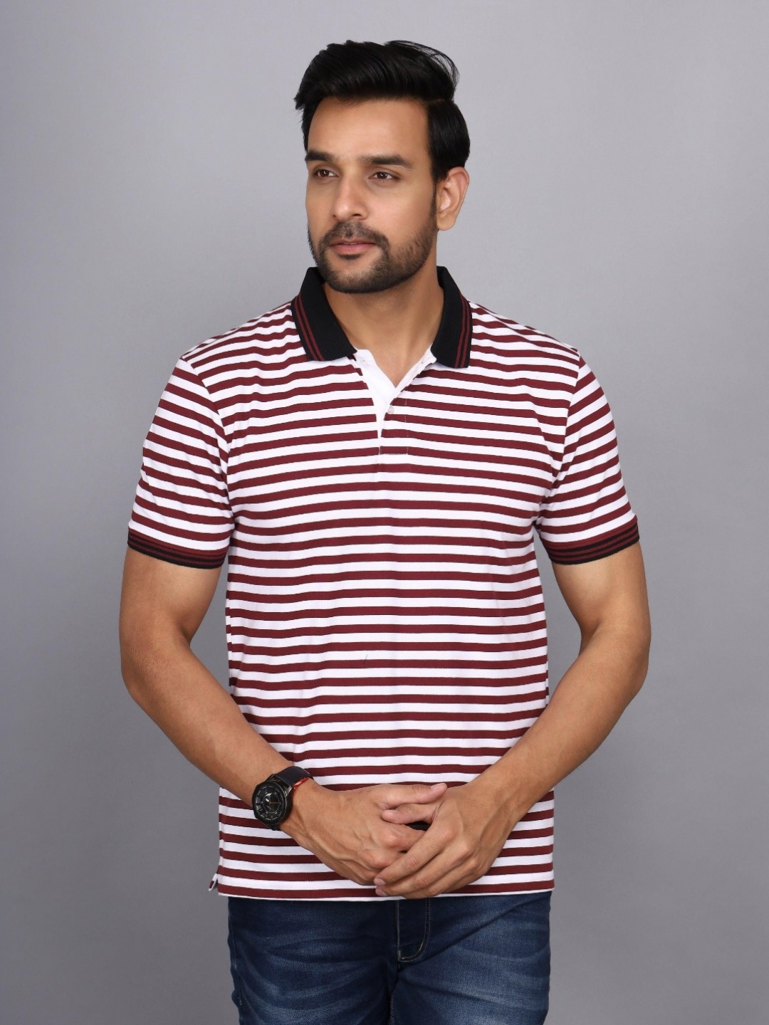 

JAGURO Men Striped Polo Collar T-shirt, Maroon