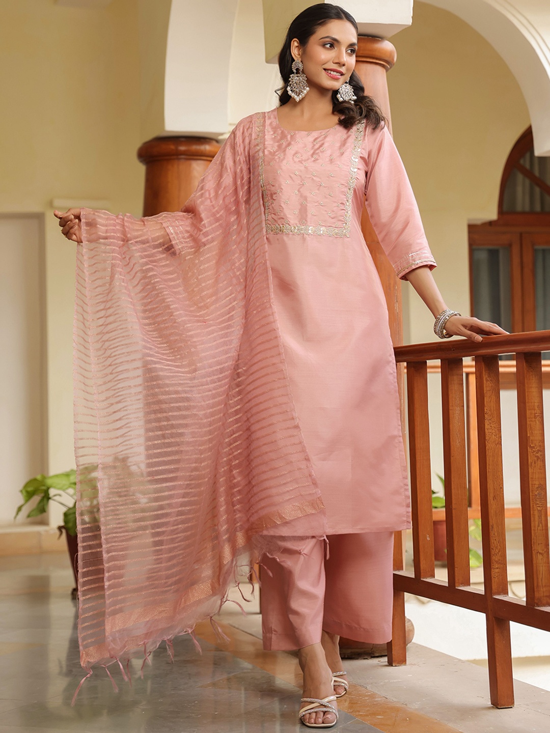 

KALINI Floral Yoke Design Round Neck Straight Kurta With Palazzos And Dupatta, Peach