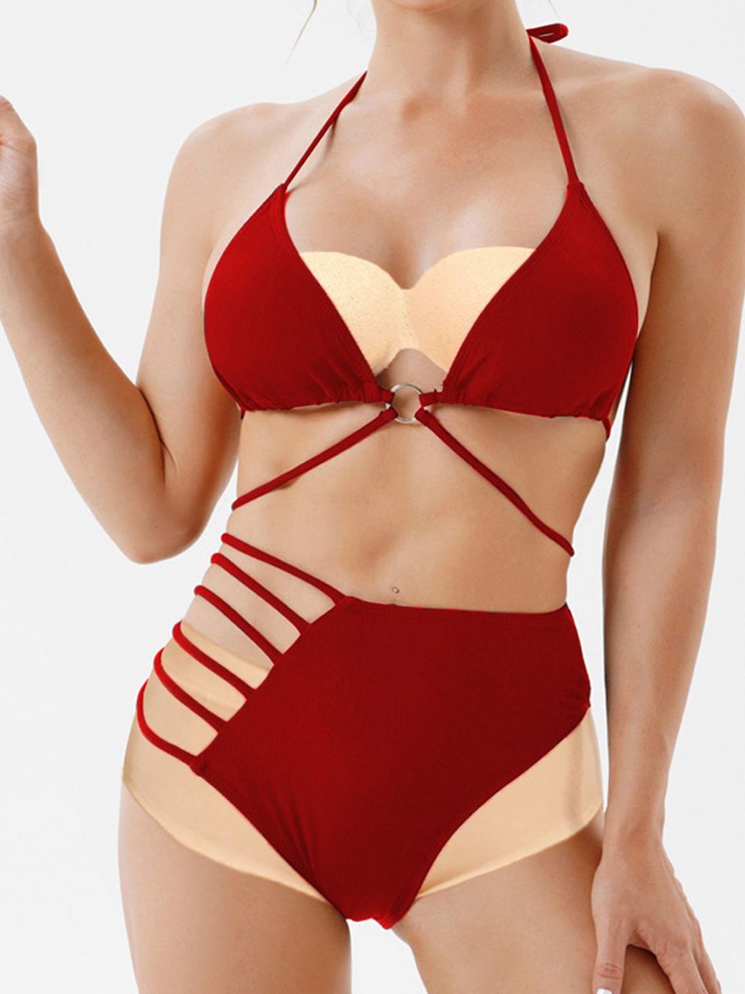 

VAGHBHATT Halter Neck Swim Bikini Set, Red