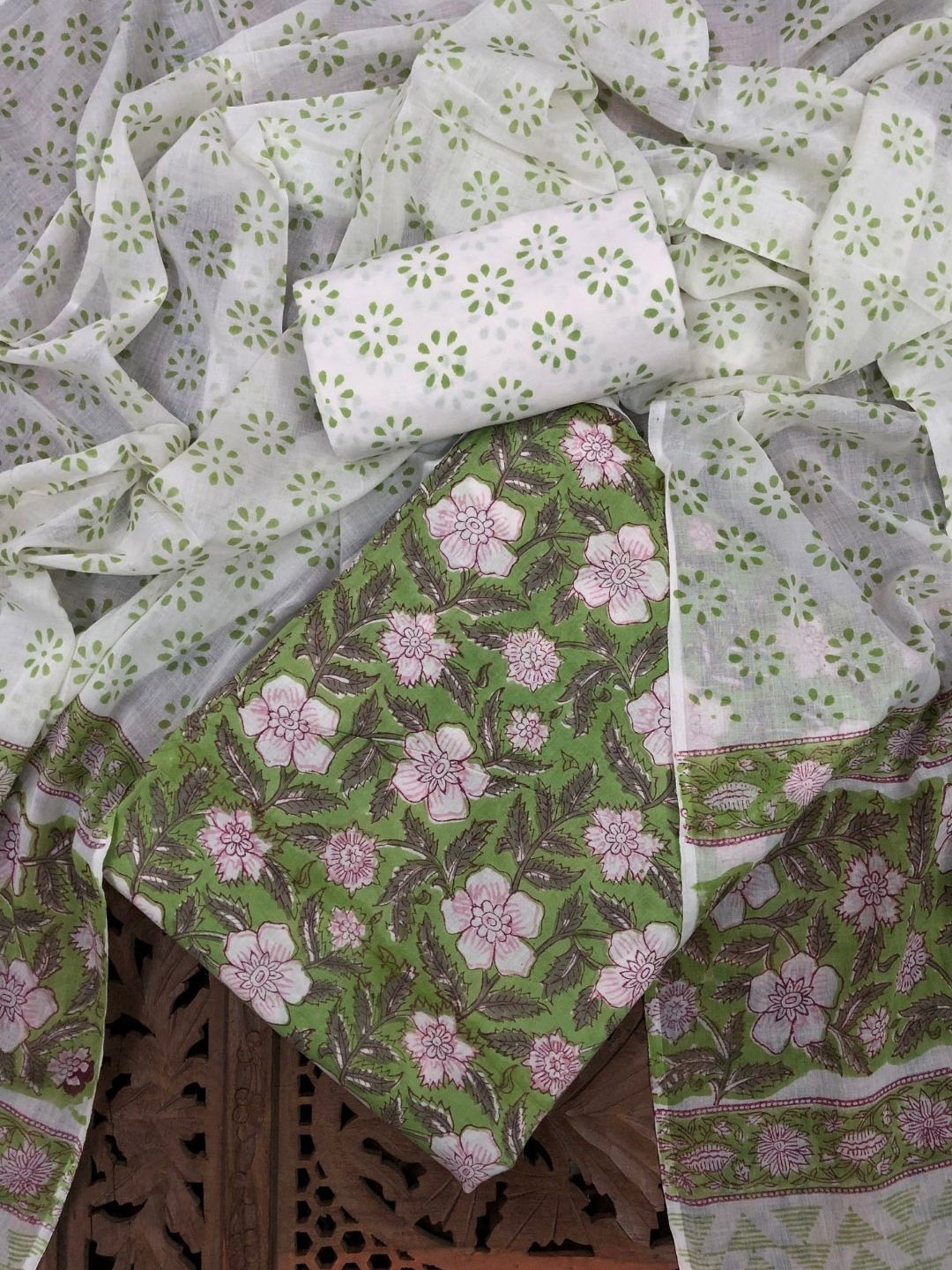 

PALASH Floral Block Printed Pure Cotton Unstitched Dress Material, Green