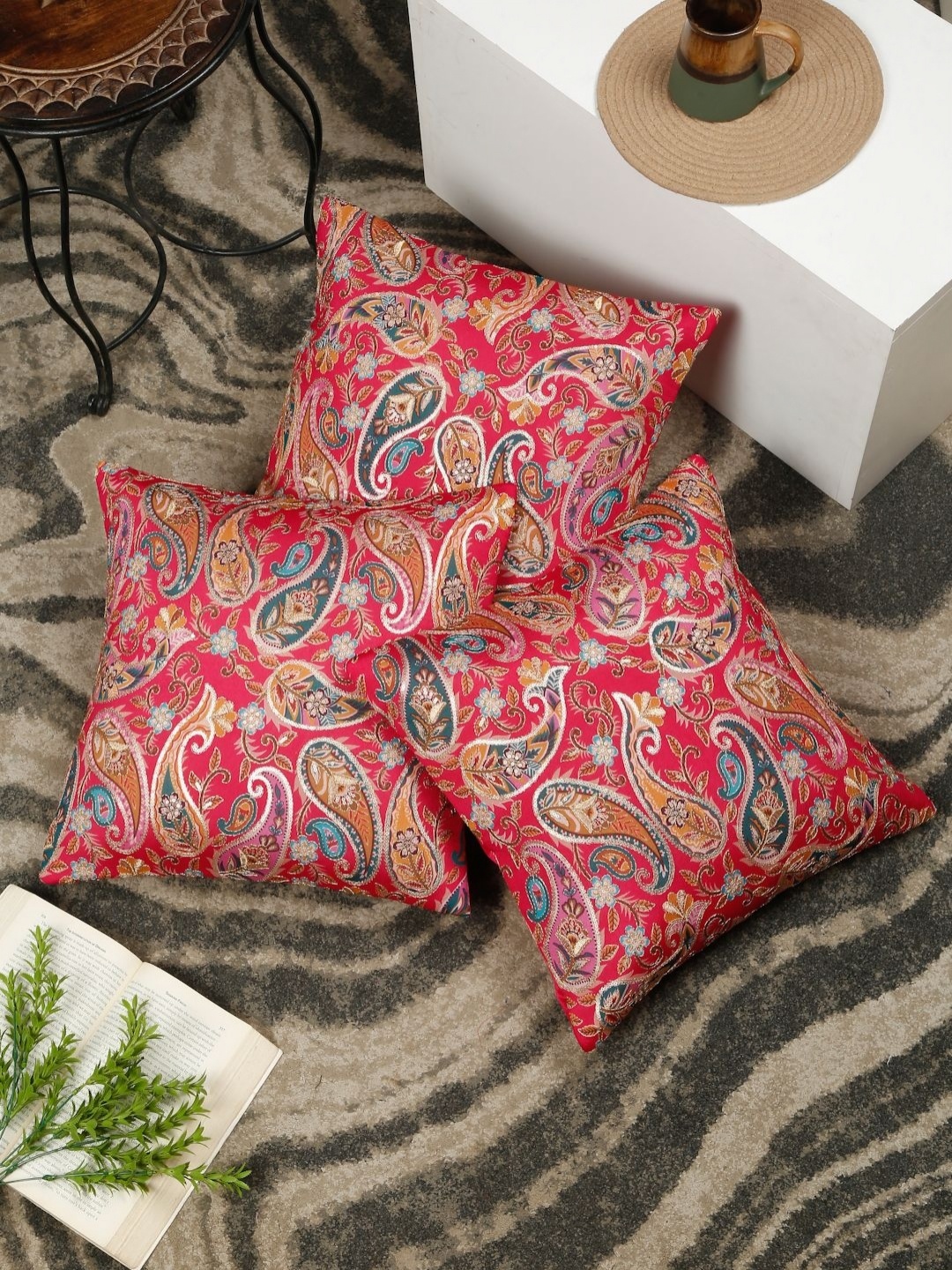 

HOSTA HOMES Pink & Blue 3 Pieces Ethnic Motifs Embellished Square Cushion Covers