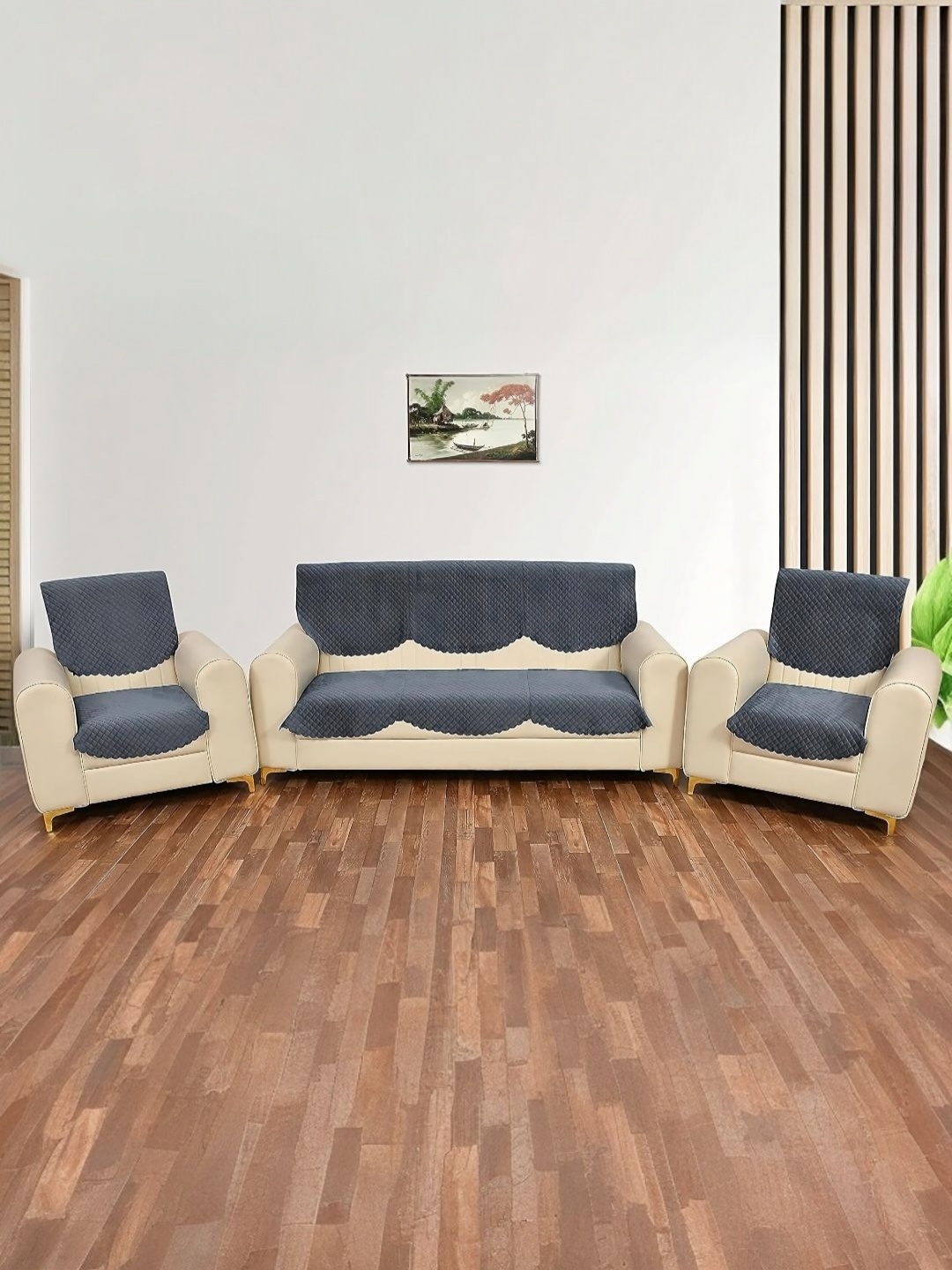 

BIGGER FISH Grey 6 Piece Velvet 5 Seater Sofa Cover