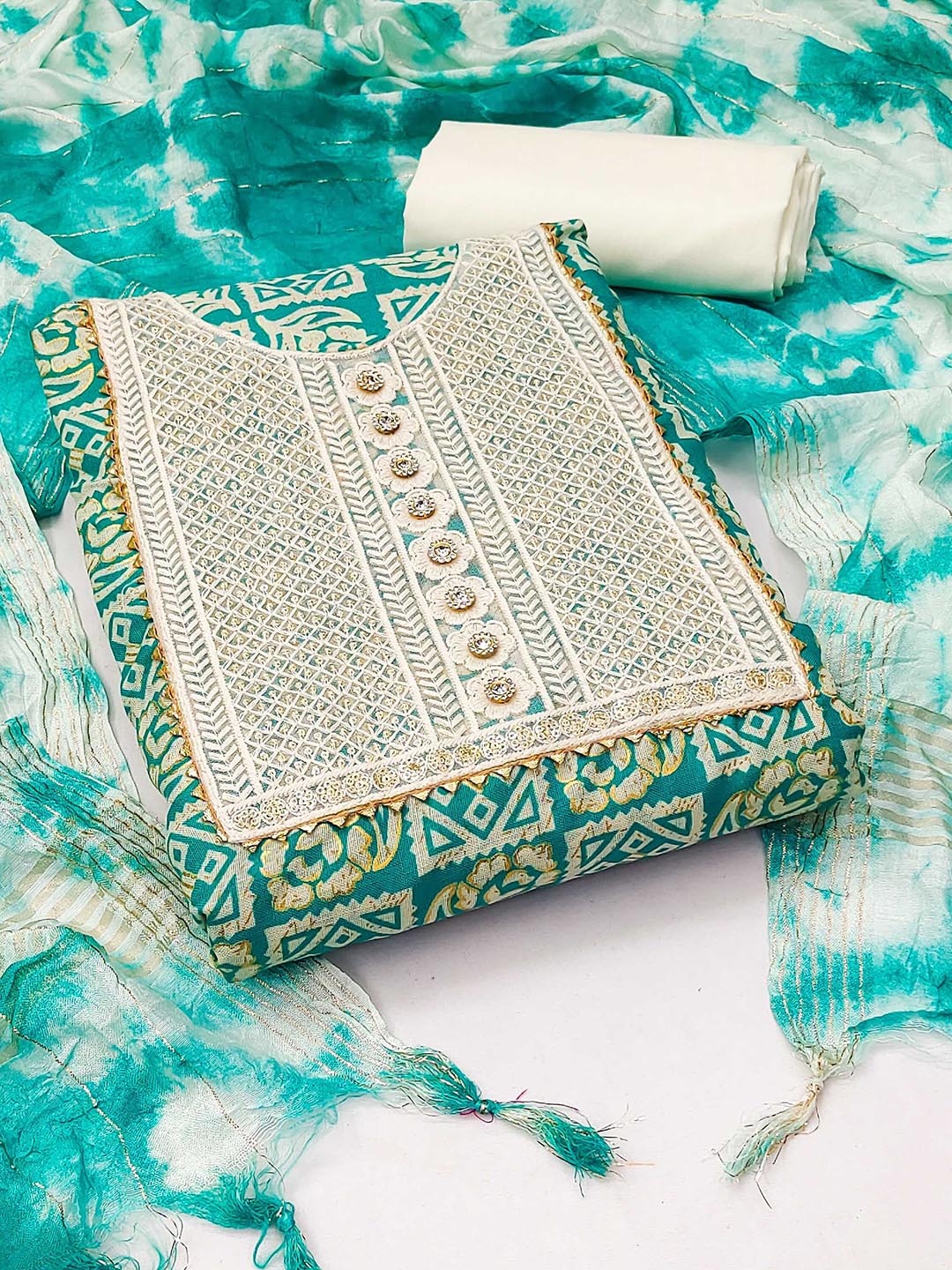 

SAINOOR Ethnic Motifs Embroidered Thread Work Unstitched Dress Material, Sea green