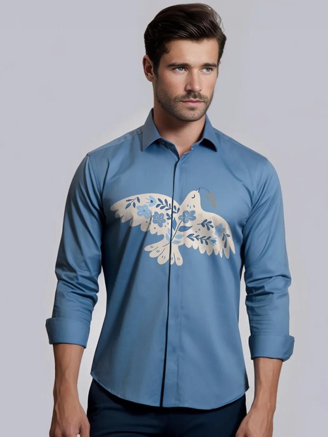 

HE SPOKE Men Smart Tailored Fit Opaque Printed Casual Shirt, Blue