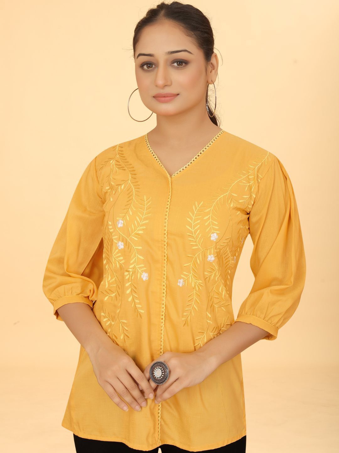 

Kesudi Women Floral Embroidered Cotton Tunic, Yellow
