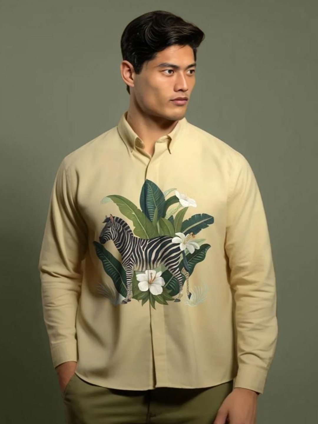 

HE SPOKE Men Smart Tailored Fit Animal Opaque Printed Casual Shirt, Cream
