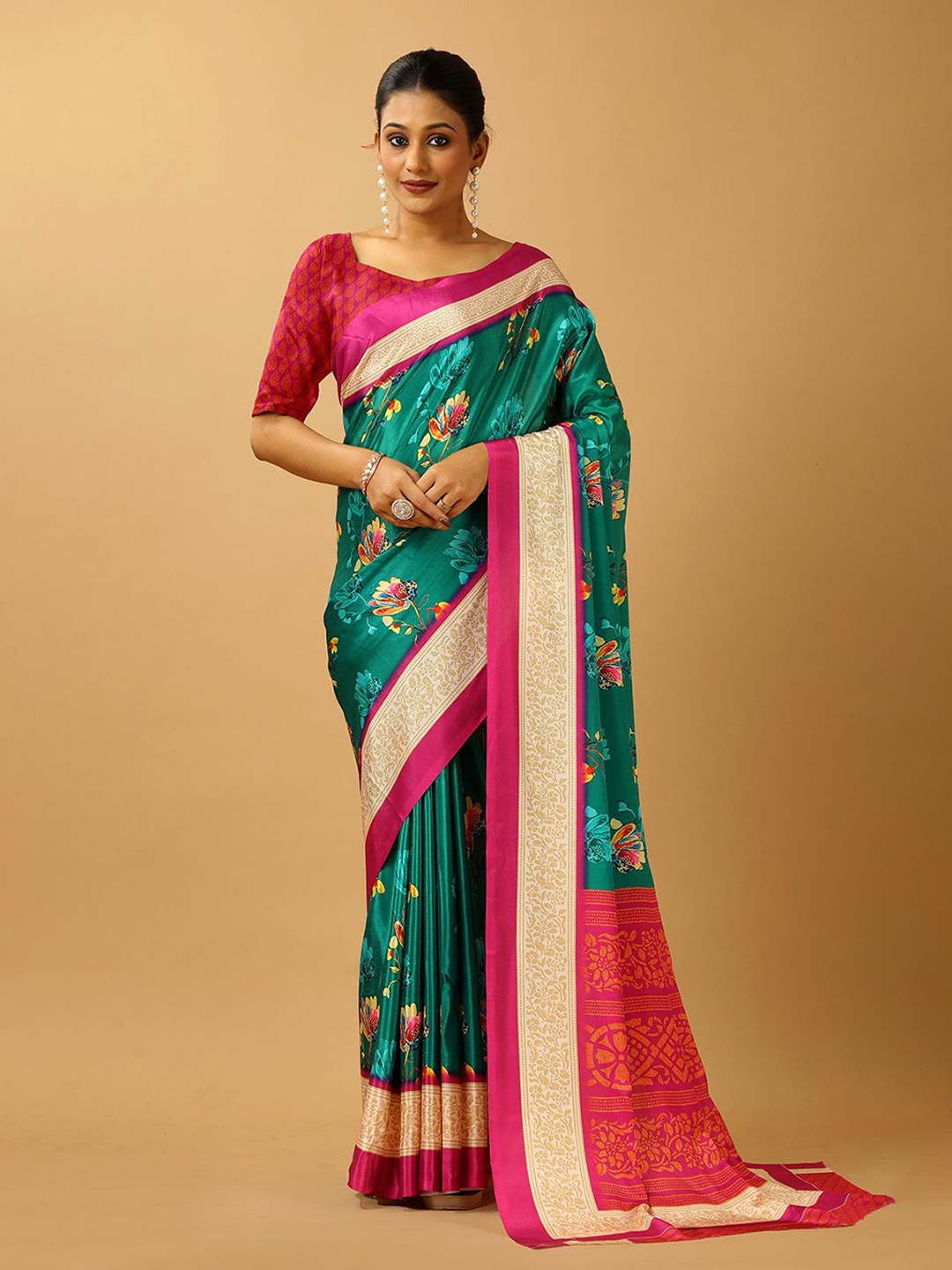

NIRMAL CREATION Women Floral Pure Crepe Saree, Green