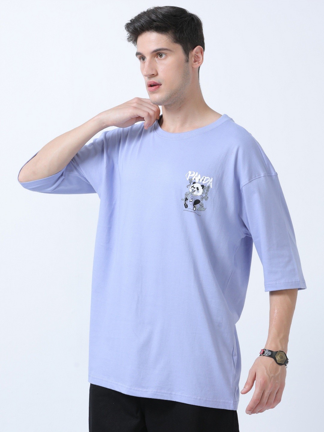 

Quco Men Printed Cotton Round Neck Drop Shoulder Oversized Tshirt, Violet