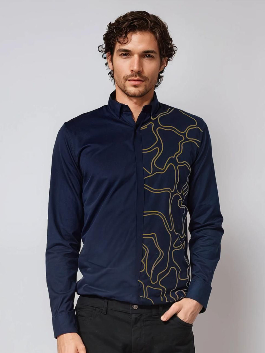

HE SPOKE Men Smart Tailored Fit Opaque Printed Party Shirt, Navy blue