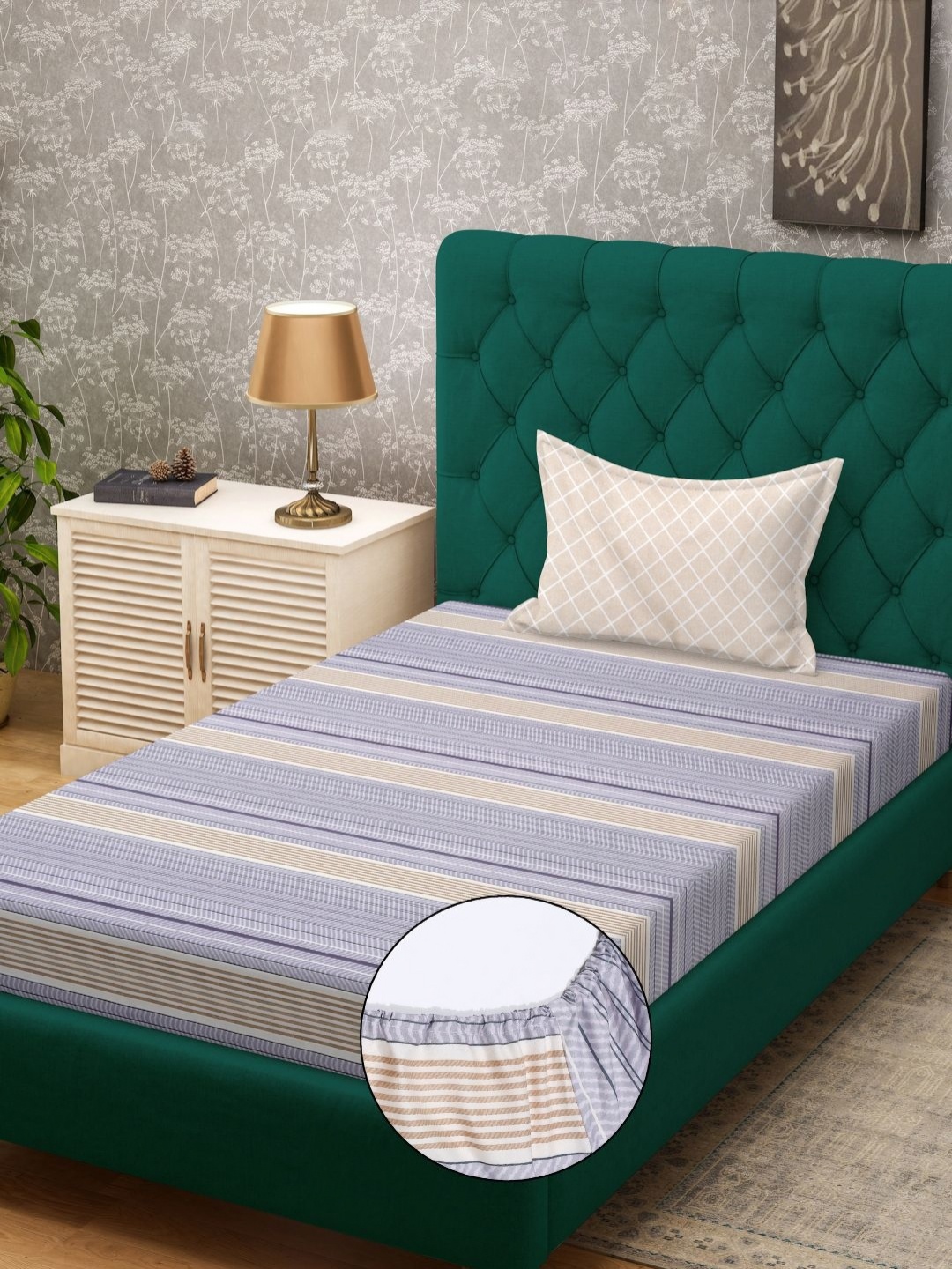 

KLOTTHE Purple & Beige Striped Fitted 300 TC Single Bedsheet With Pillow Cover