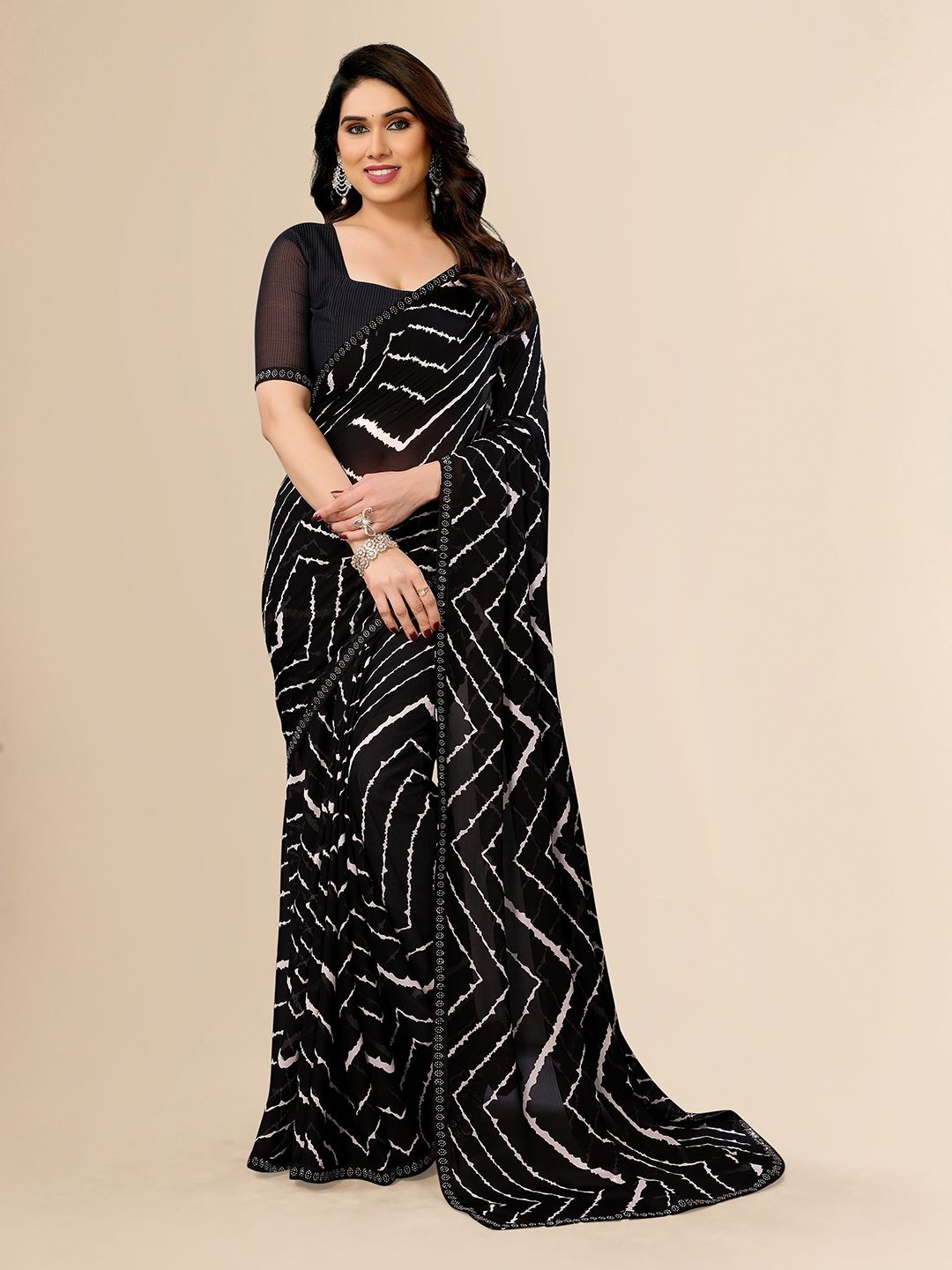 

Moda Rapido Striped Printed Beads and Stones Saree With Unstitched Blouse Piece, Black