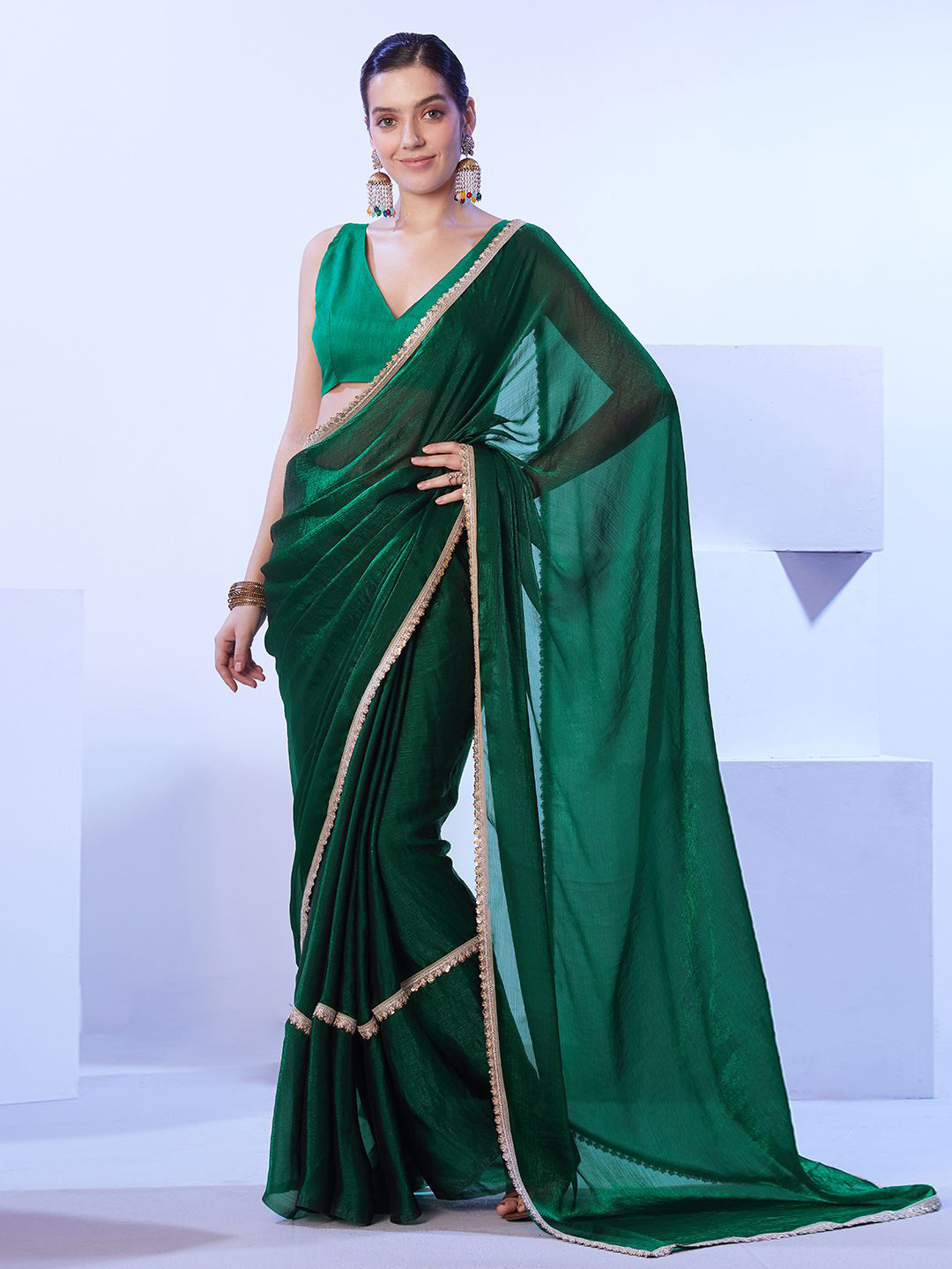 

Kalista Sequinned Organza Saree, Green