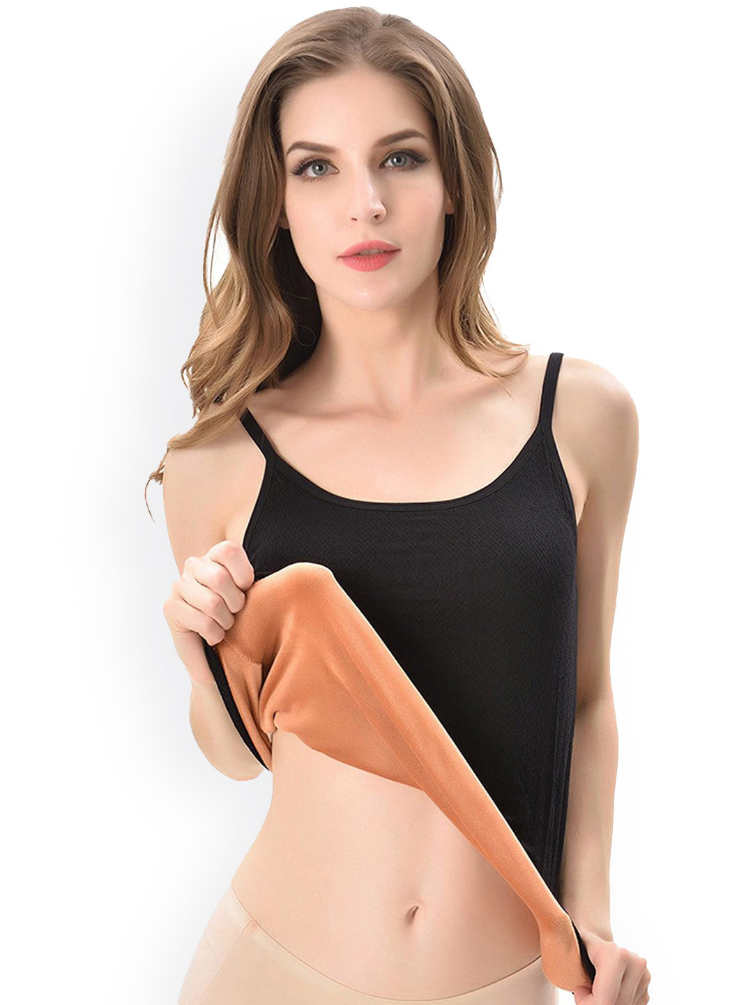 

Wearslim Ribbed Thermal Spaghetti Tank Thermal Top With Fleece Lining, Black