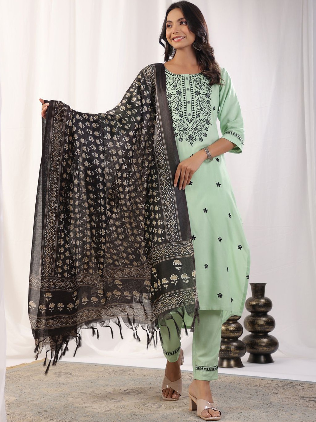 

KALINI Floral Embroidered Thread Work Round Neck Straight Kurta With Trousers & Dupatta, Sea green