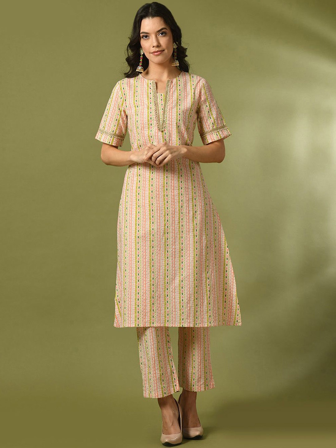 

KALINI Geometric Printed Notch Neck Pure Cotton Kurta With Trousers, Cream