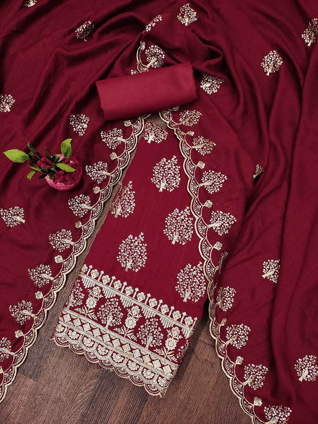 

SAINOOR Floral Embroidered Unstitched Dress Material, Red