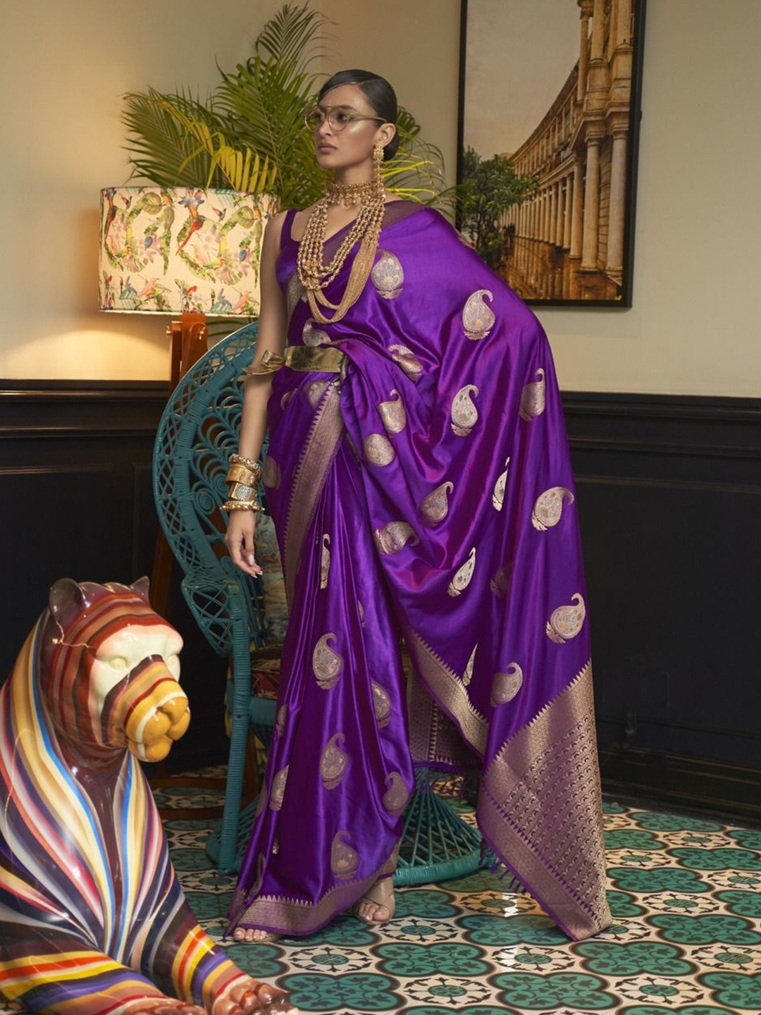

Anouk Paisley Zari Silk Blend Banarasi Saree, Purple