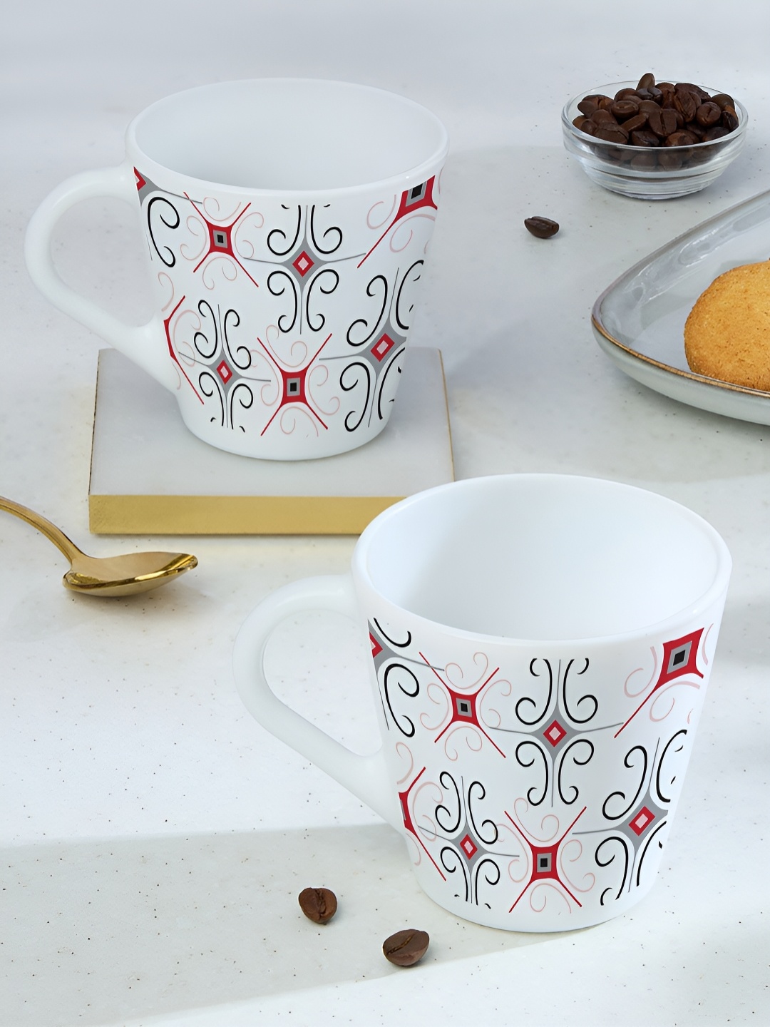 

Larah by BOROSIL Novelty White 2 Pcs Printed Opalware Matte Mugs 280 Ml