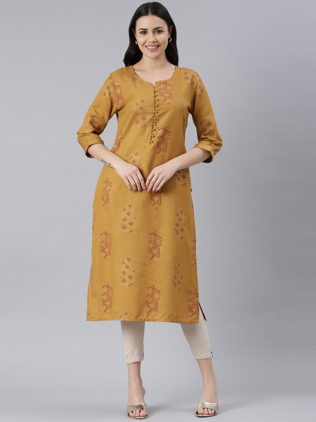 

Samhitas Ethnic Motifs Printed Notch Neck Straight Kurta, Mustard